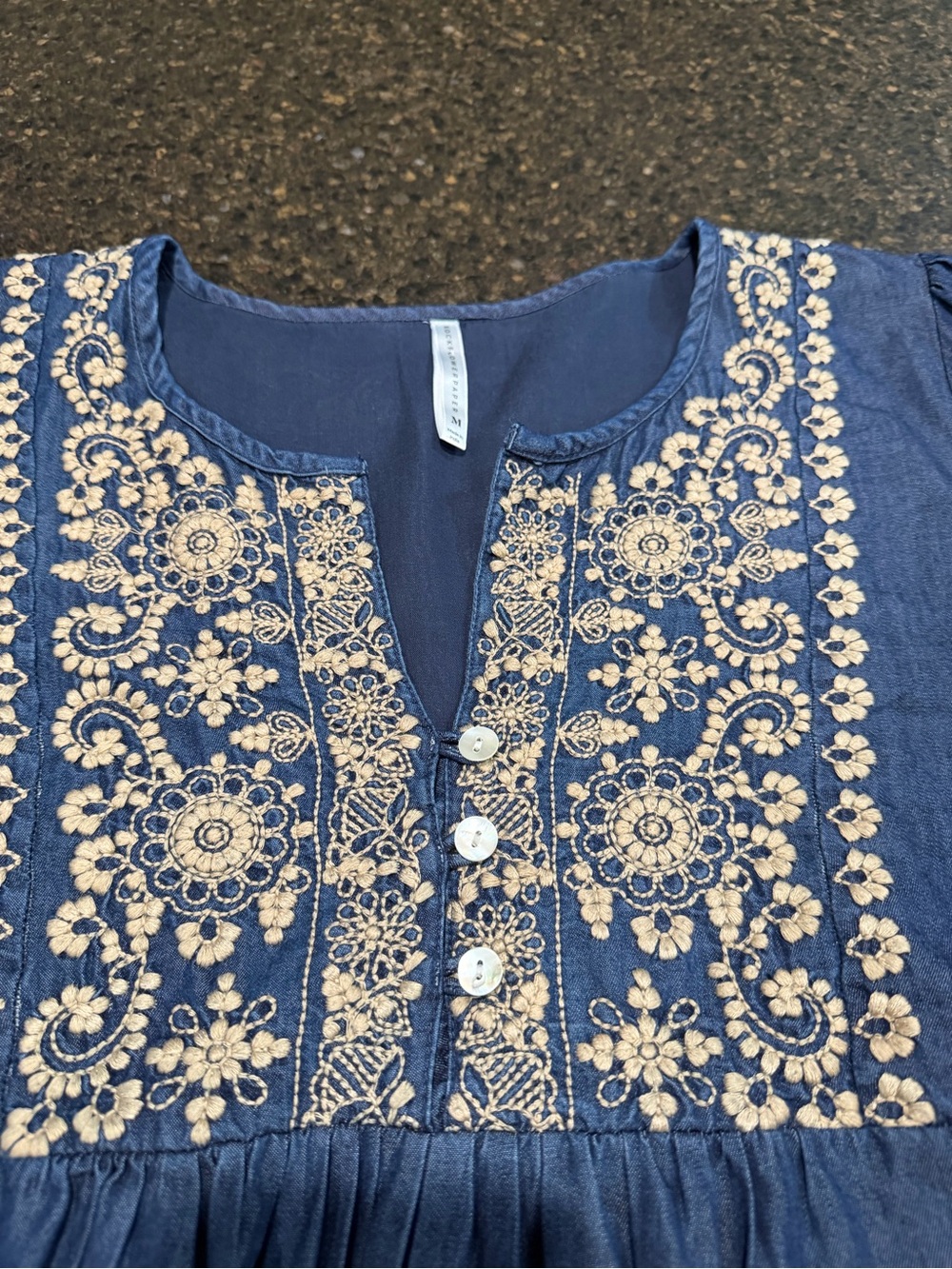 Rock Flower Paper Blue Jean Beige Embroidered Floral Women's Dress Lightweight - Picture 4 of 11